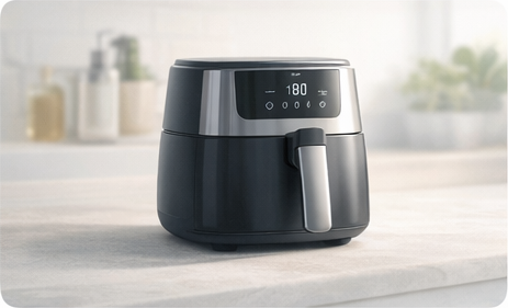 Air fryer and plated food on a kitchen counter.