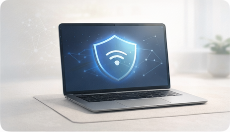 Person using a laptop with a phone nearby in a secure home workspace.