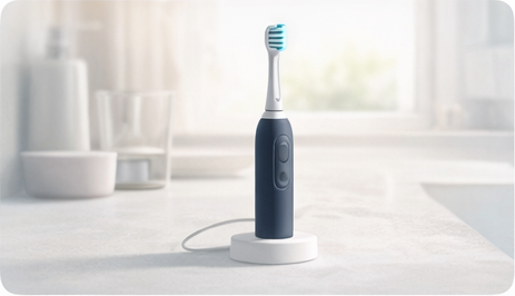 Electric toothbrush beside replacement heads on a bathroom shelf.