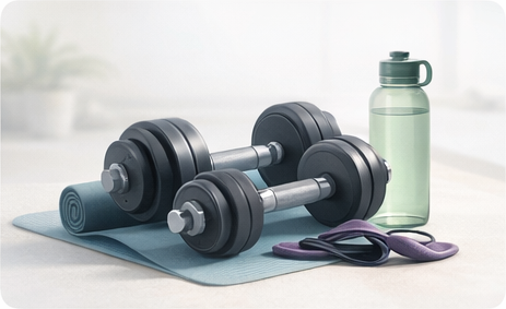 Home workout setup with dumbbells, resistance bands, and yoga mat.