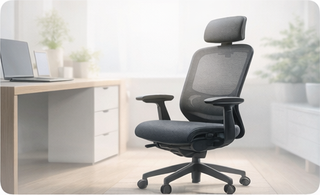 Ergonomic office chair at a desk workstation.