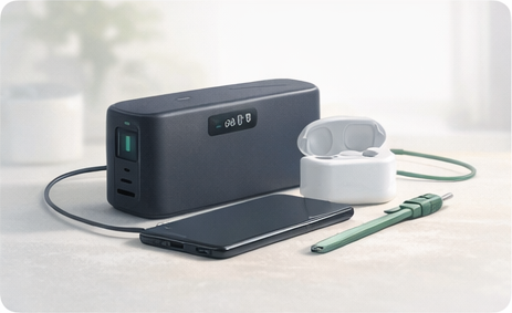 Power bank charging a phone and earbuds during travel.