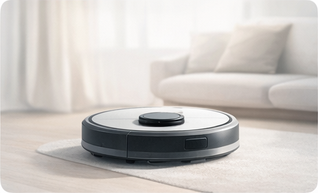Robot vacuum cleaner moving across a hardwood floor.